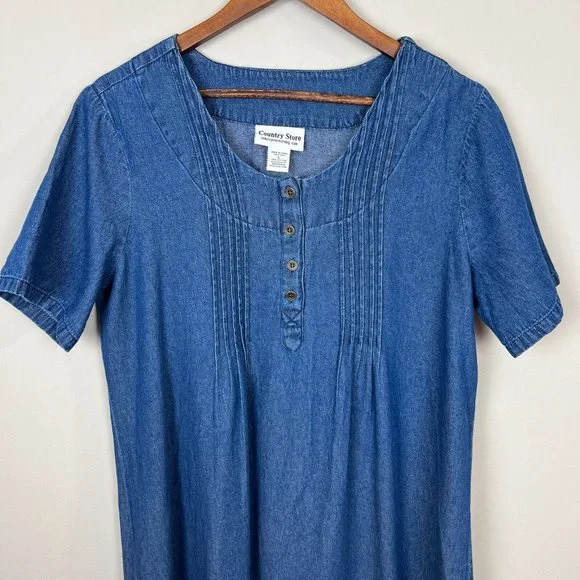 Country Store Denim Dress Large Blue Embroidered Floral Pintucked Knee Length - Picture 2 of 7